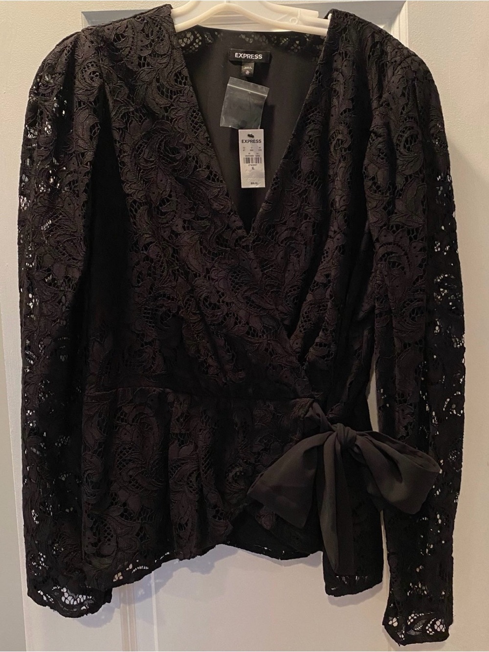 Express Black Lace Wrap Top with Side Bow